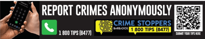 Banner promoting anonymous crime reporting with a phone and contact number 1 800 TIPS (8477), featuring the Crime Stoppers logo and a QR code for submitting tips.