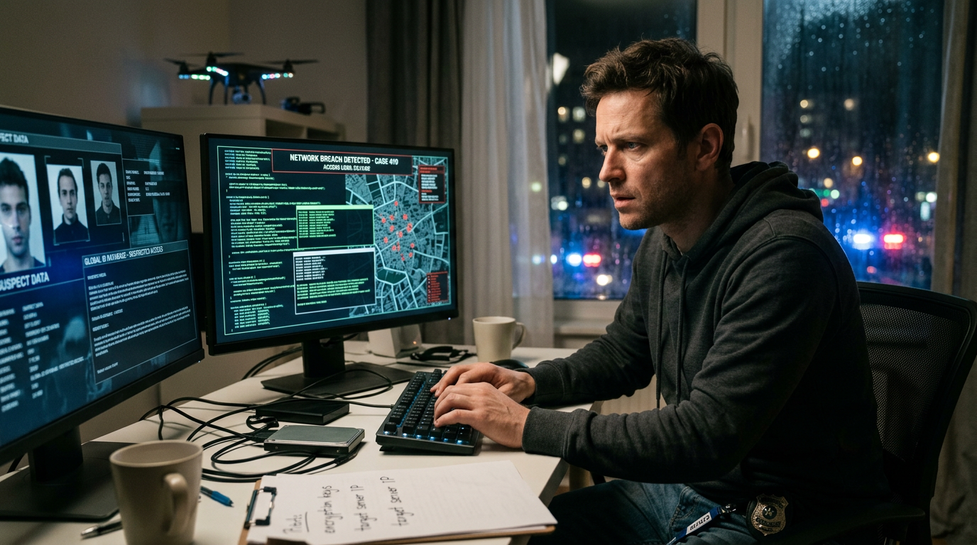 Man working at computer screens analyzing network breach data and suspect profiles