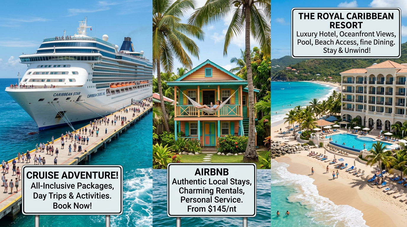 Cruise ship docked with passengers, colorful Airbnb cottage with hammock, beachfront luxury resort with pool