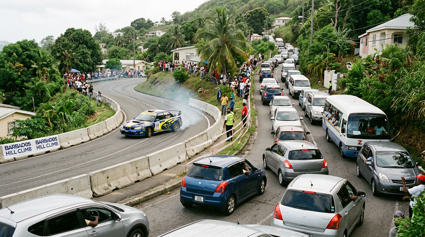 Blue rally car drifting on a curved hill climb road with spectators and traffic