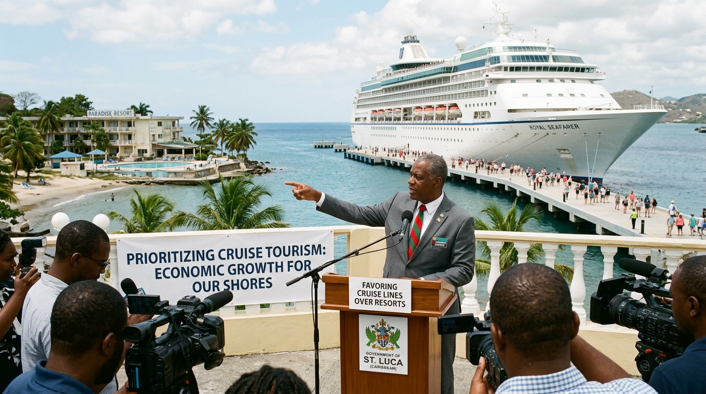 Government official addressing media at cruise port with cruise ship and resort in background