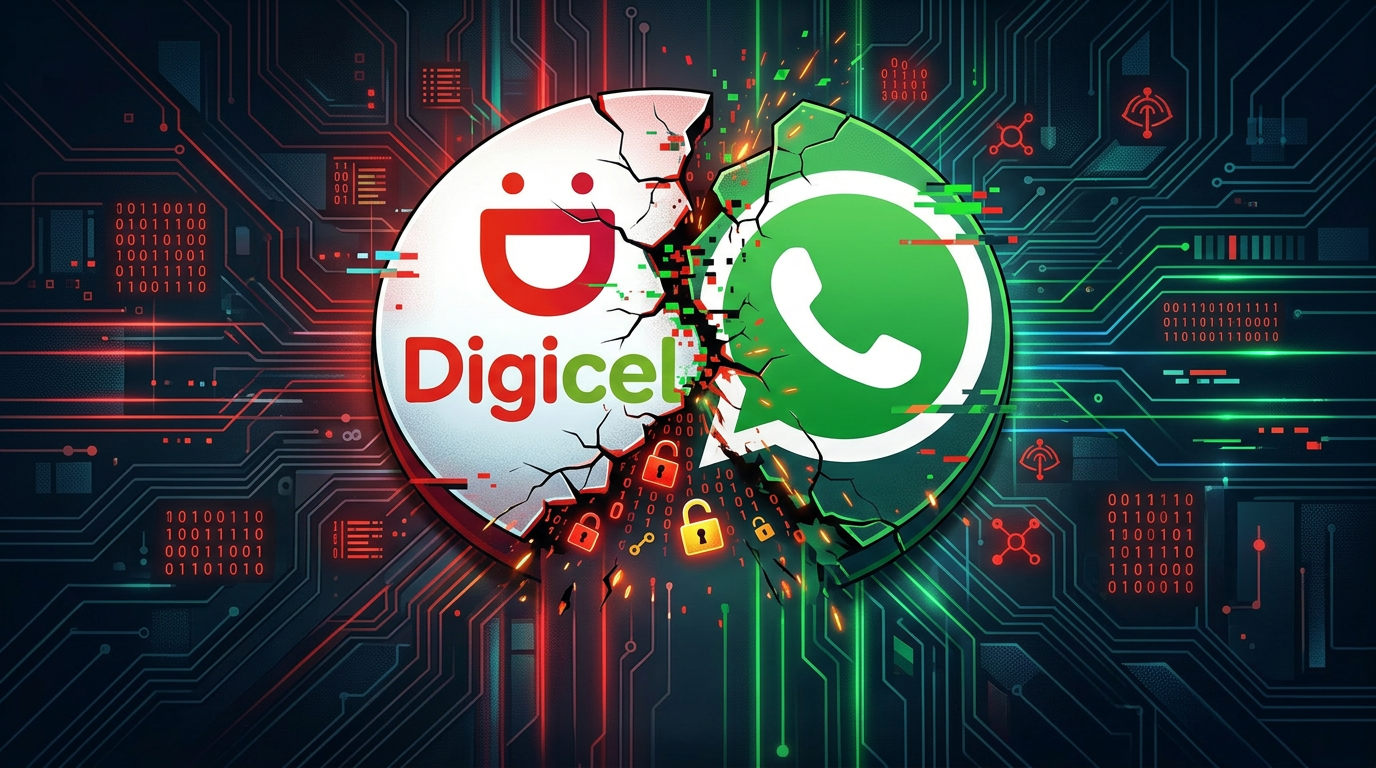Digicel and WhatsApp logos cracked with digital security icons and warning text about vulnerability detected