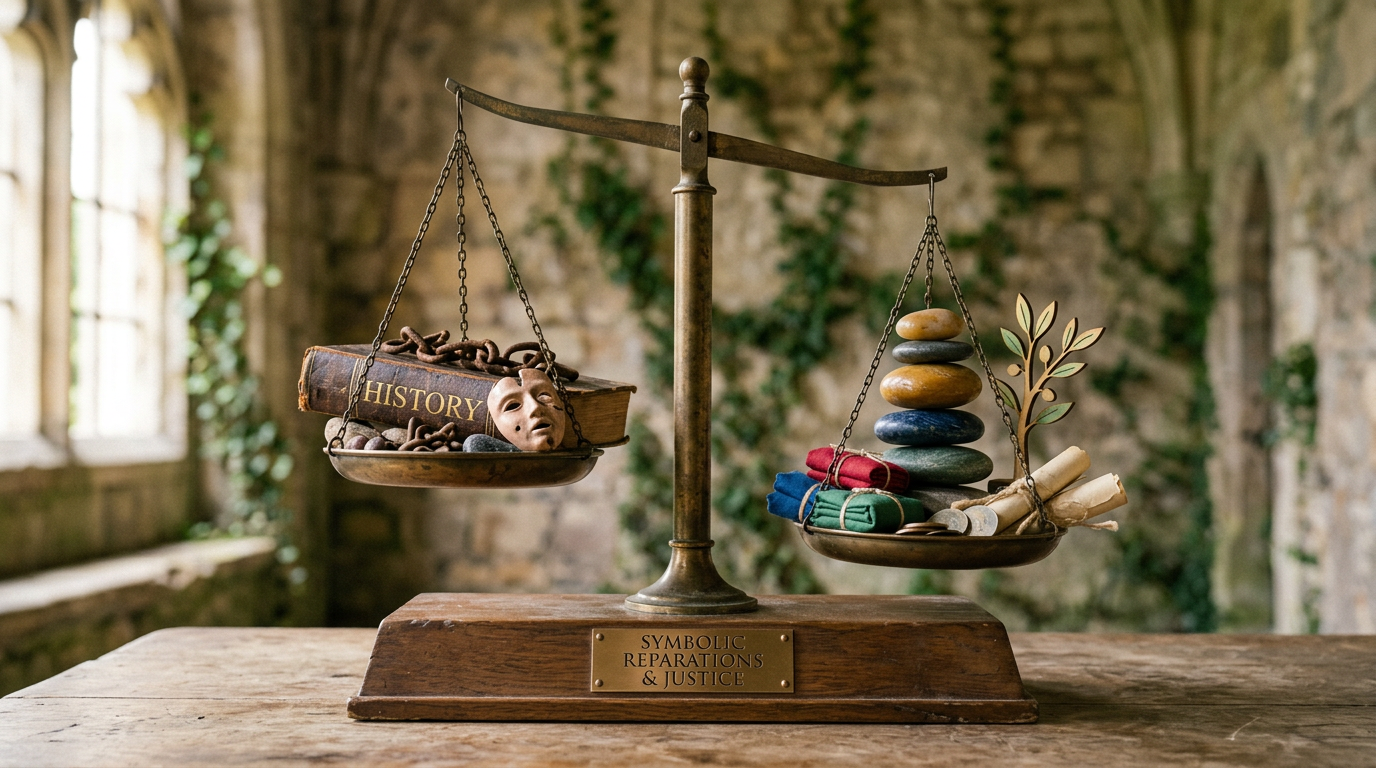 Balance scale with “HISTORY” and “SYMBOLIC REPARATIONS & JUSTICE” labels