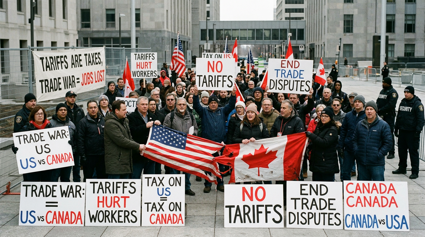 Crowd with U.S. and Canadian flags holding signs reading “No Tariffs,” “End Trade Disputes,” and “Tariffs Hurt Workers.”