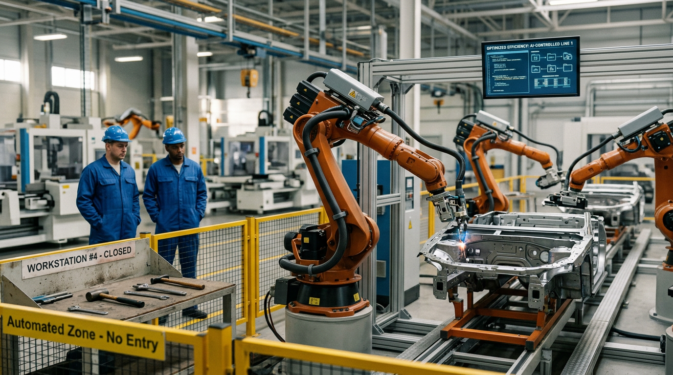 Robotic arms welding a vehicle frame in an automotive factory