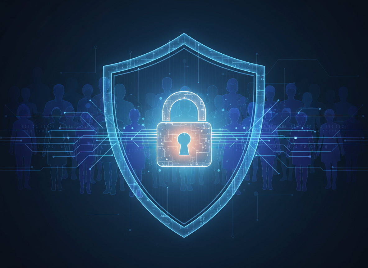 An impactful editorial featured image portraying the importance of data security for citizens: diverse citizens represented through subtle human silhouettes behind a secure digital shield, encrypted data streams, a glowing padlock, and a calm dark blue cybersecurity atmosphere. Serious, trustworthy, modern photo-realistic conceptual illustration. No readable text, no logos, no flags. Designed for a news article and strong thumbnail impact.