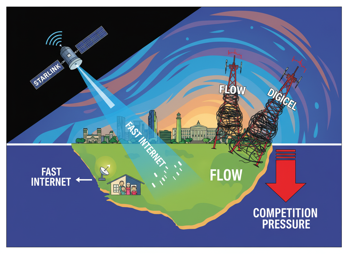 A satirical illustration about how Starlink could threaten FLOW and Digicel in Barbados.